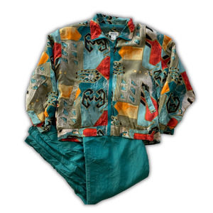 Vintage Bogari Women's 100% Silk shell Bomber Jacket and Pant Set 90s